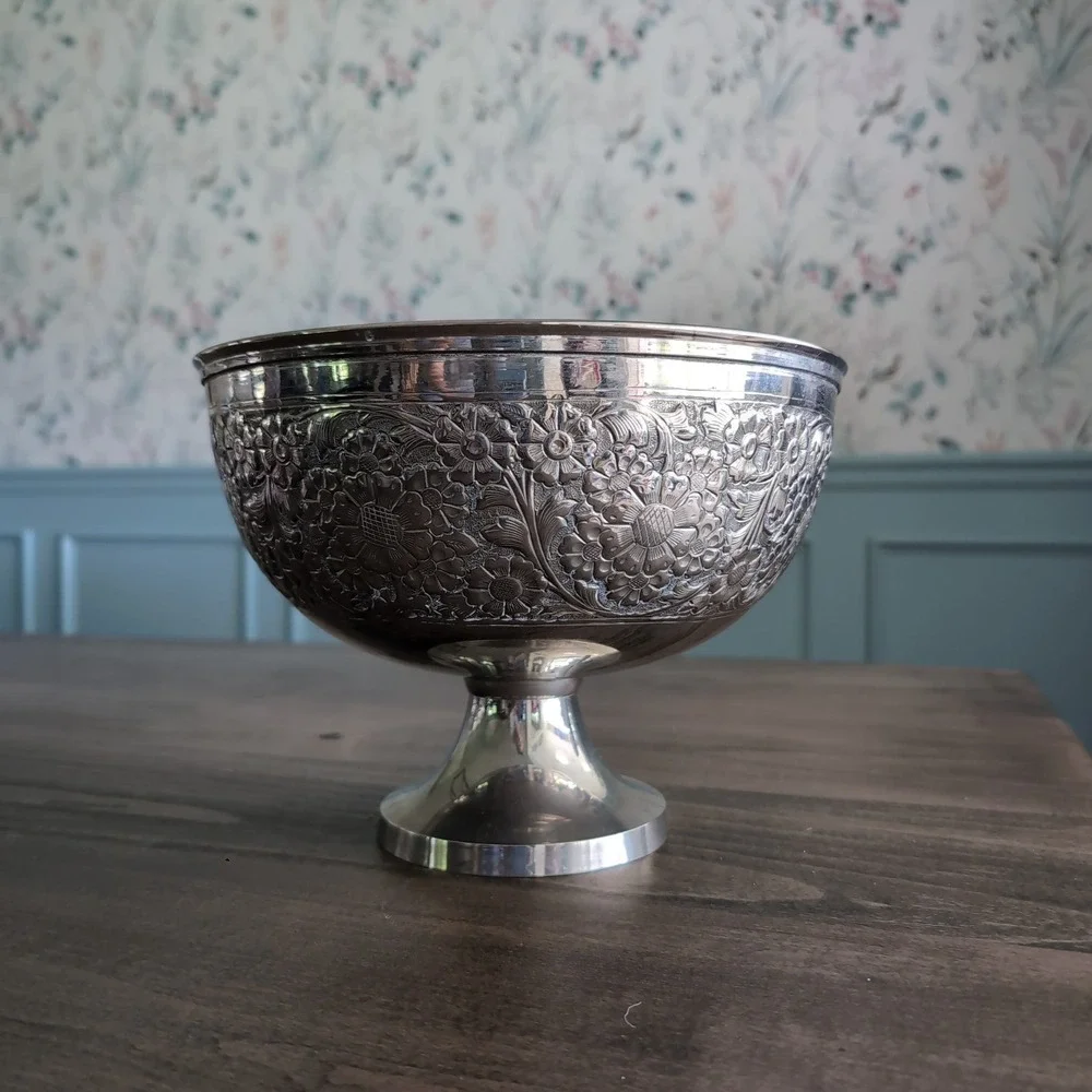 EPNS Floral Embossed Pedestal Bowl Silver Made in India Large Ornate Centerpiece